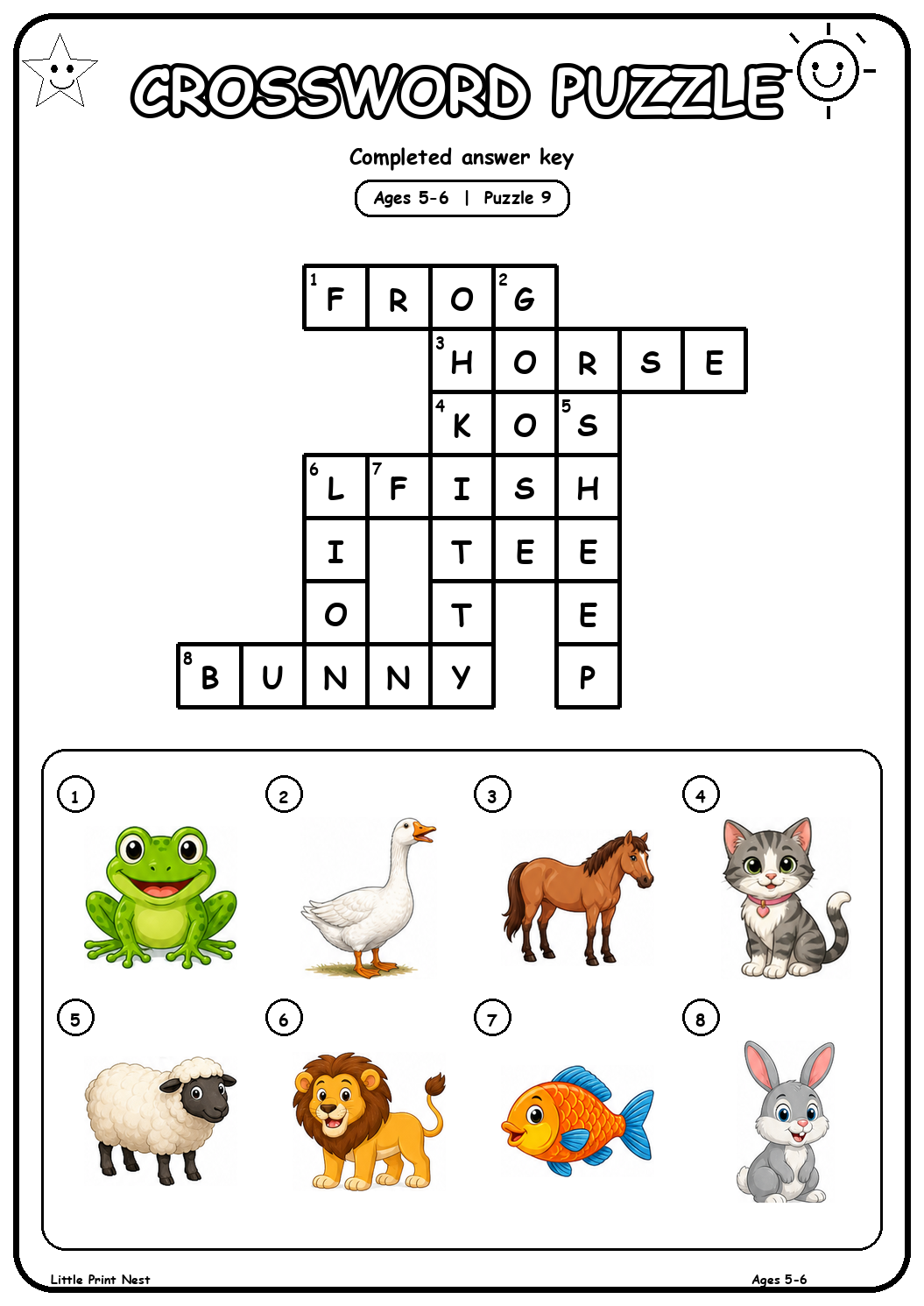 Completed answer key for Picture Crossword Puzzle 9 for Ages 5-6
