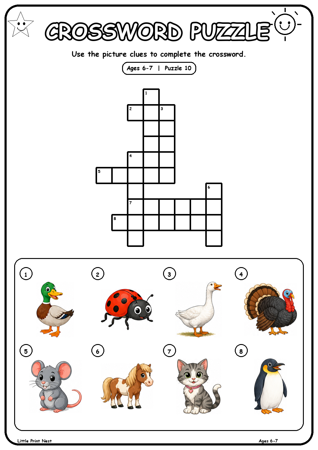 Printable picture crossword puzzle 10 with eight animal clues for ages 6-7