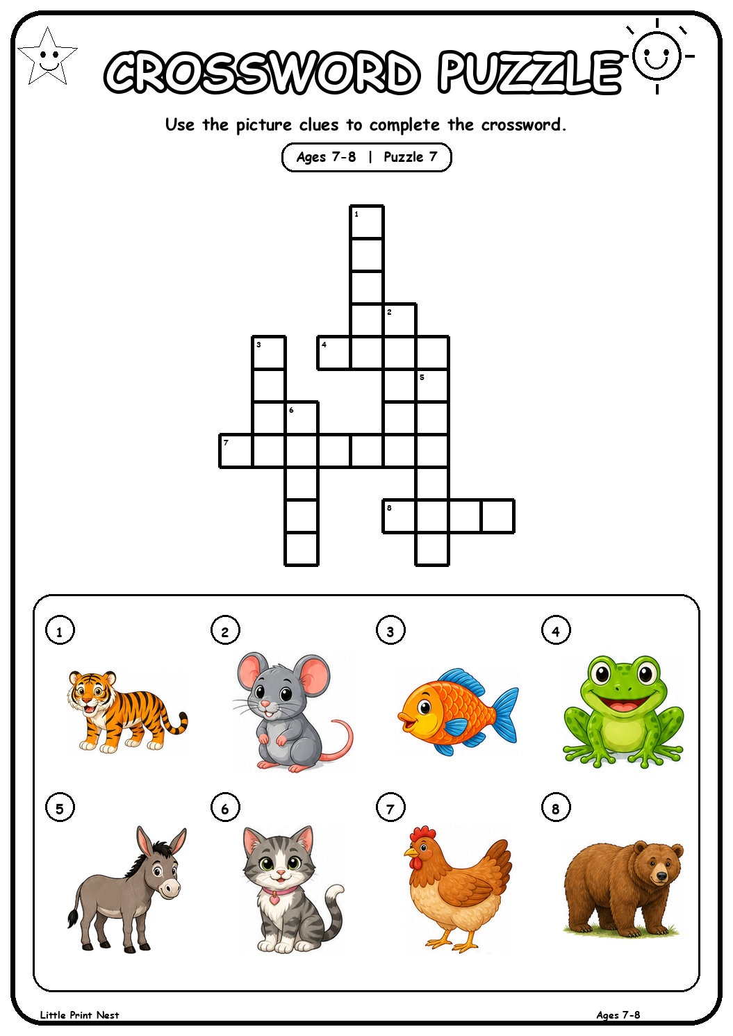 Printable picture crossword puzzle 7 with eight animal clues for ages 7-8