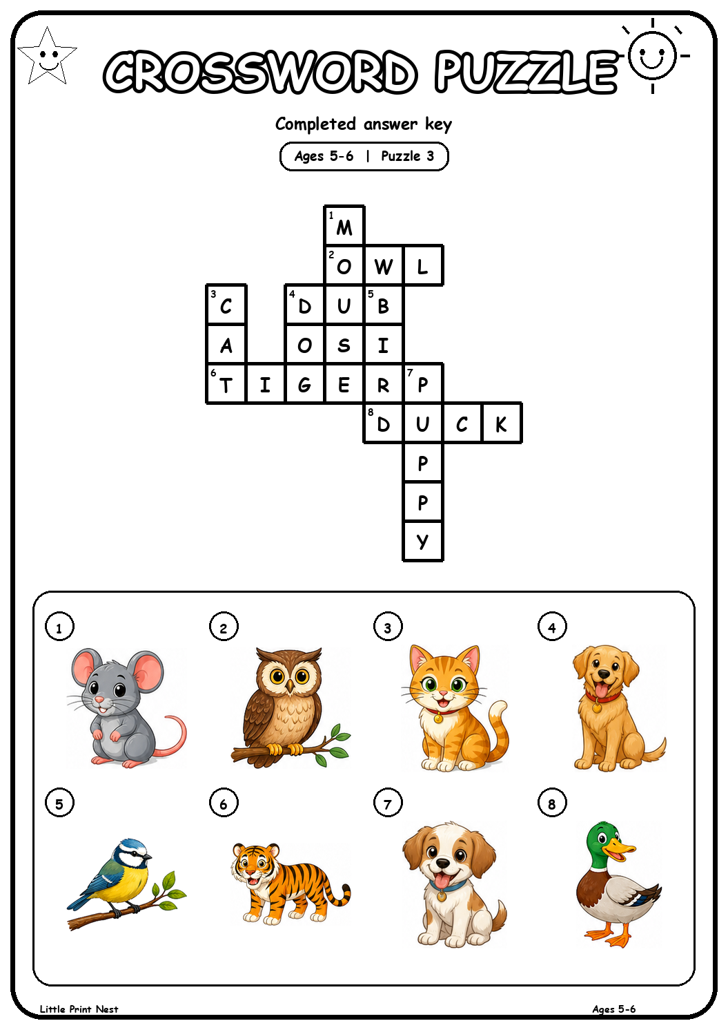 Completed answer key for Picture Crossword Puzzle 3 for Ages 5-6