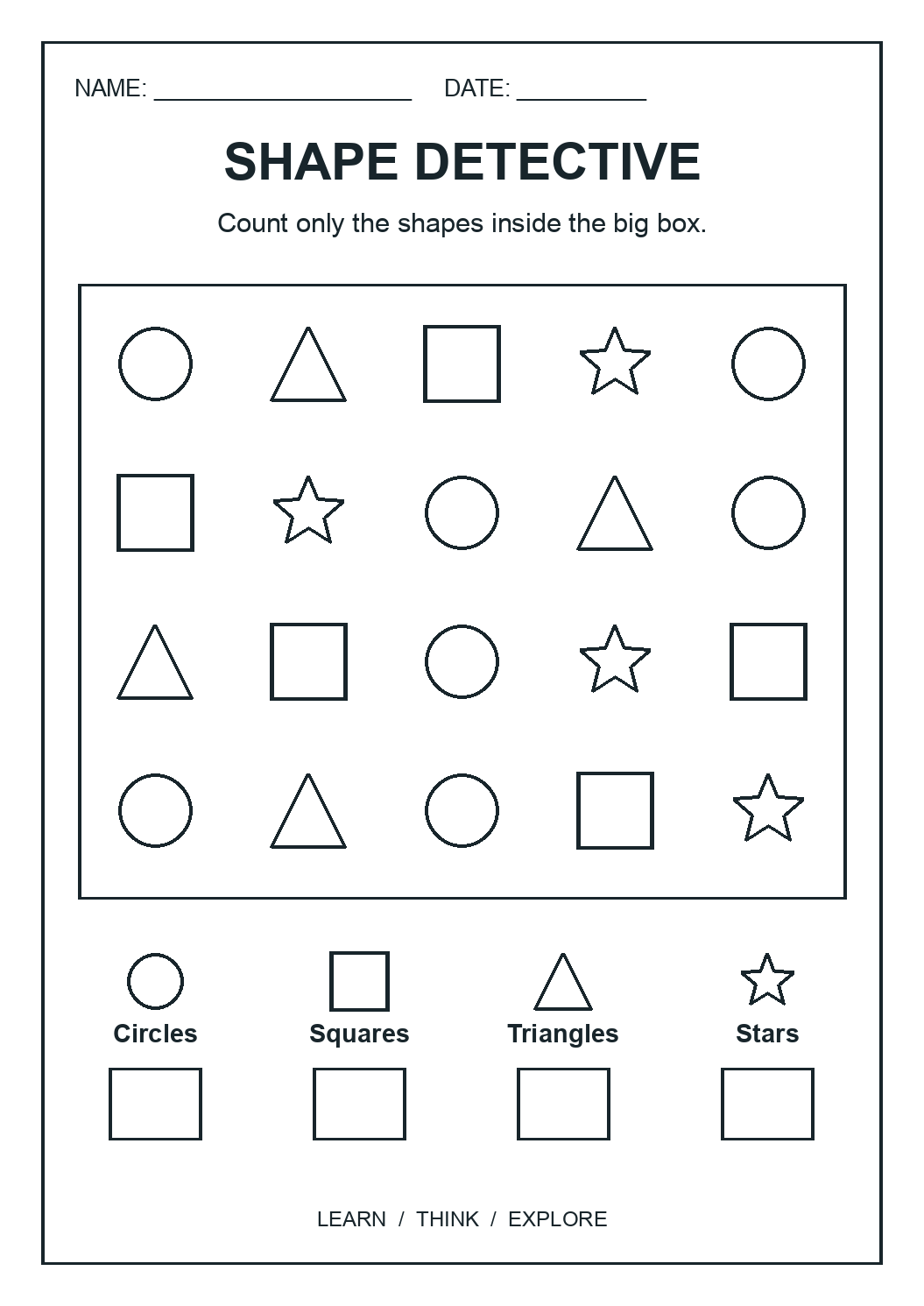 Count twenty outlined shapes in a clearly marked field, then record the totals for circles, squares, triangles and stars. Builds visual scanning, shape recognition and counting to seven.