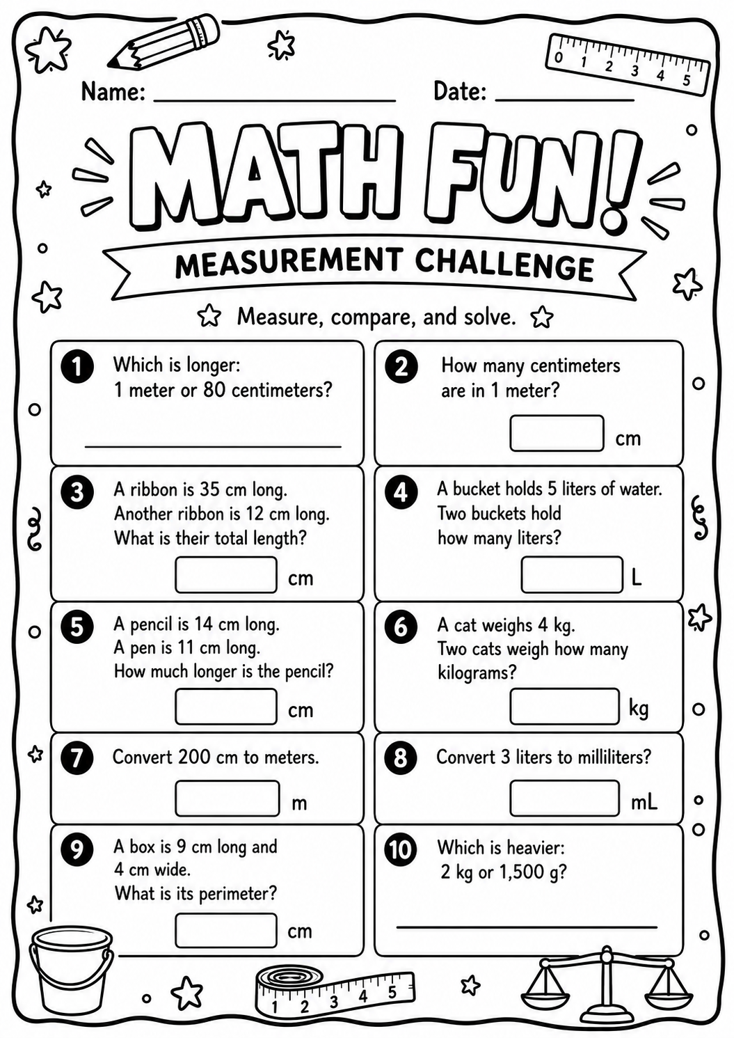 Printable metric measurement Math Fun worksheet with length, capacity, mass, conversion and perimeter questions for ages 9 and 10