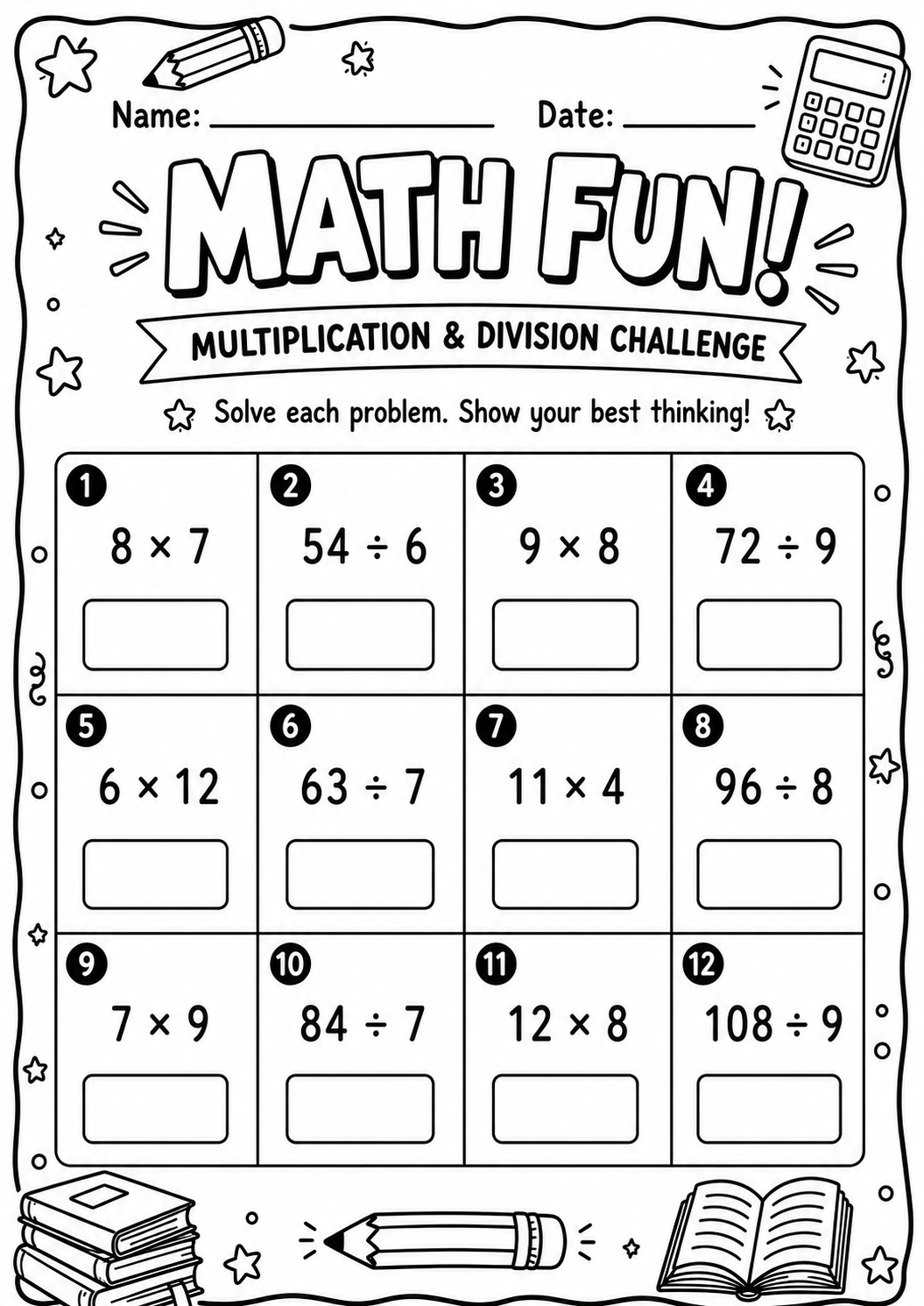 Printable Math Fun multiplication and division challenge with twelve facts through the twelve-times table for age 9