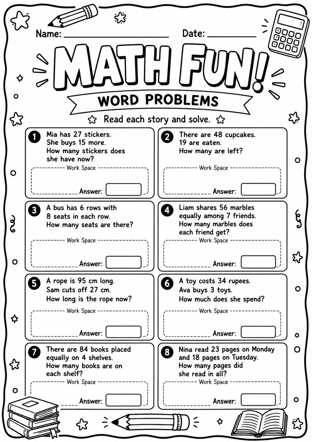 Printable Math Fun word-problems worksheet with eight addition, subtraction, multiplication and division stories for ages 9 and 10