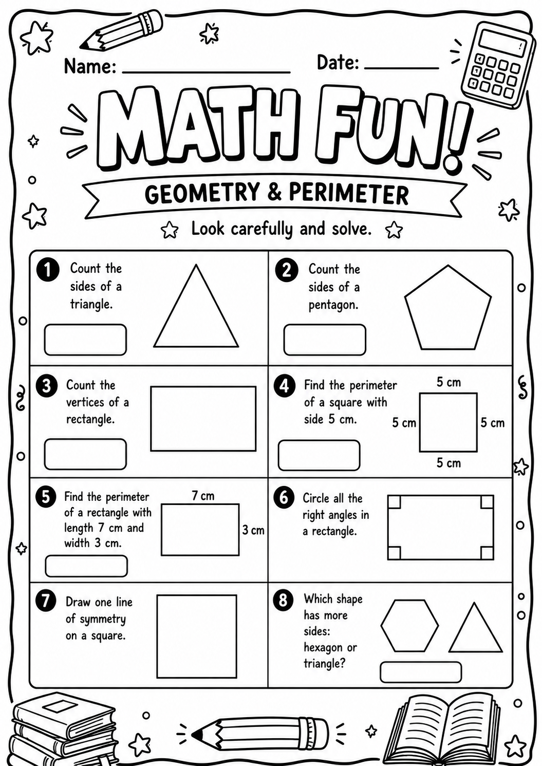 Printable Math Fun geometry worksheet covering sides, vertices, perimeter, right angles and symmetry for age 9