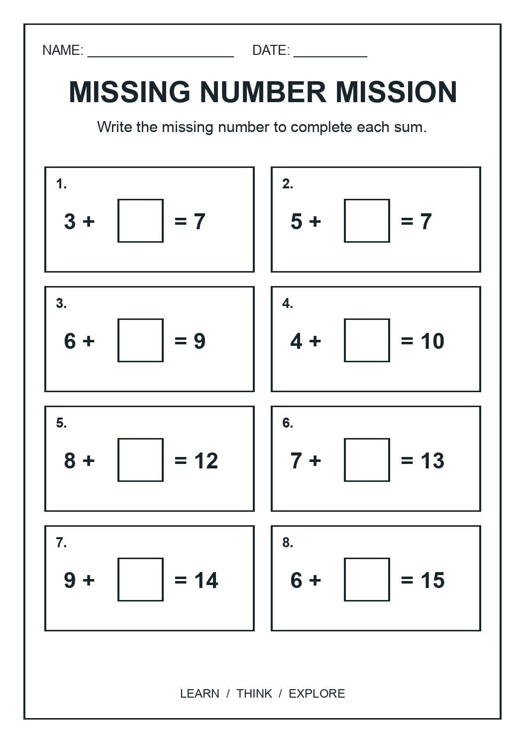 Complete eight missing-addend equations with totals from seven to fifteen. Large answer boxes support early addition fluency and reasoning about number bonds.