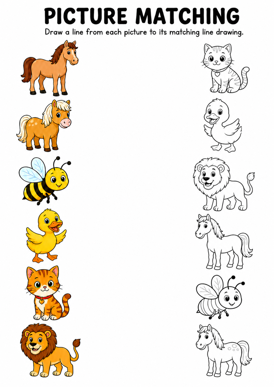 Animal picture to line drawing matching worksheet with horse, pony, bee, duck, cat and lion