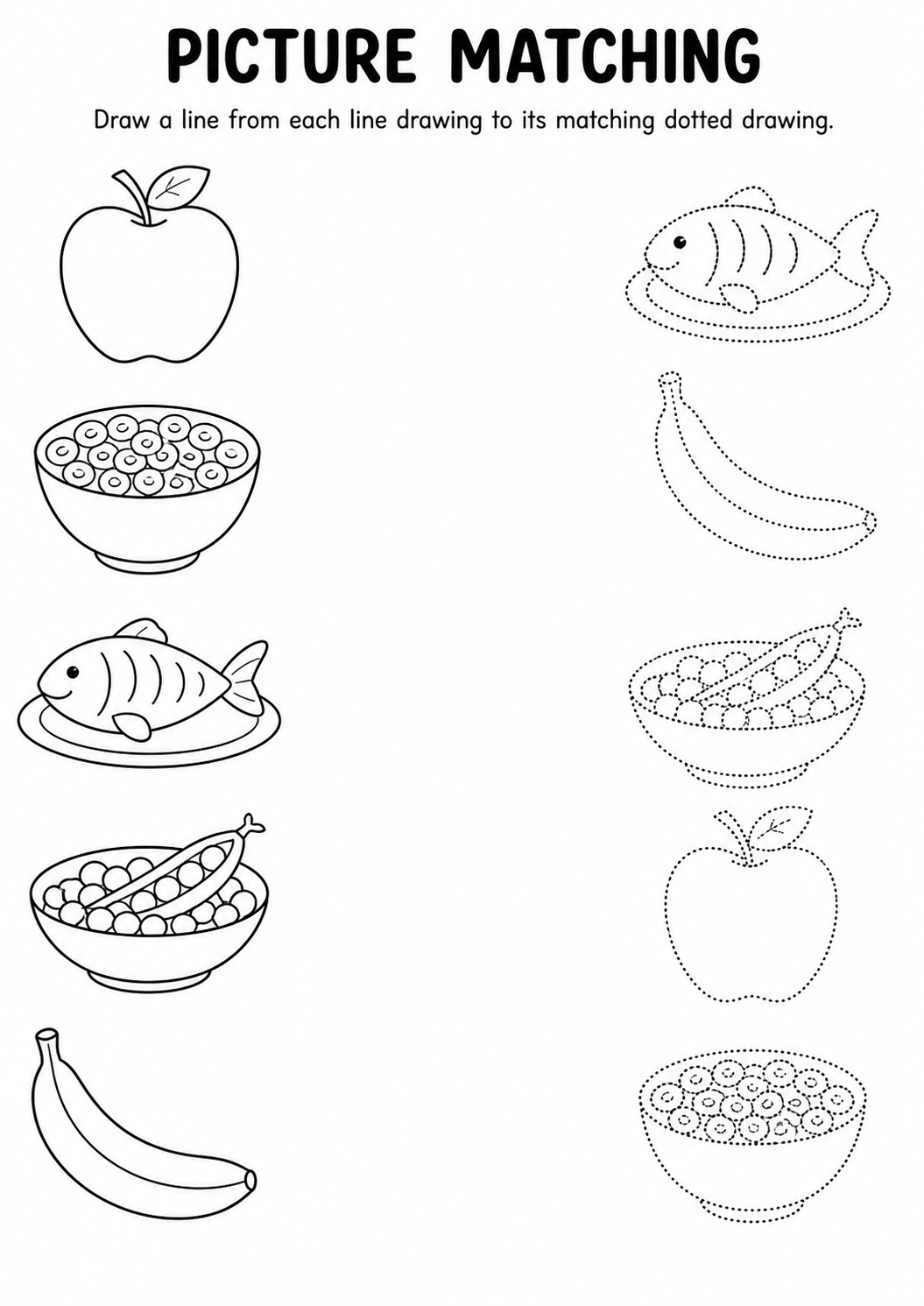 Food and drinks line to dotted drawing matching worksheet