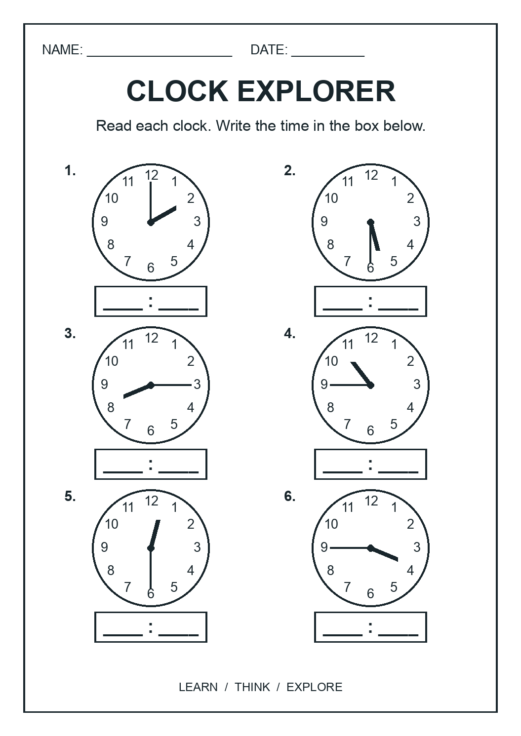 Read six analogue clocks showing whole hours, half hours and quarter hours. Write each digital time in the box beneath its clock.