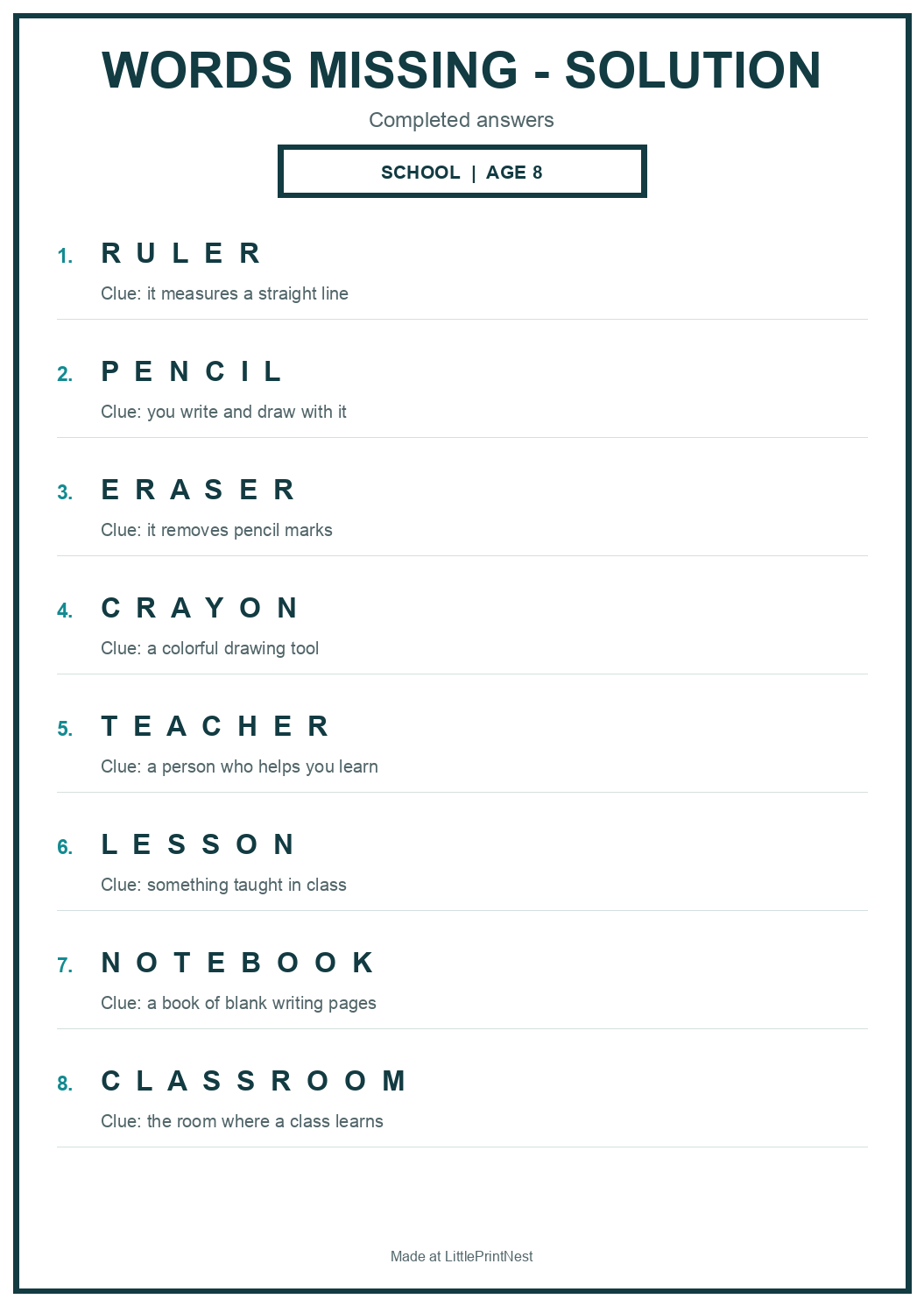 Completed answer key for School Words Missing Puzzle for Age 8