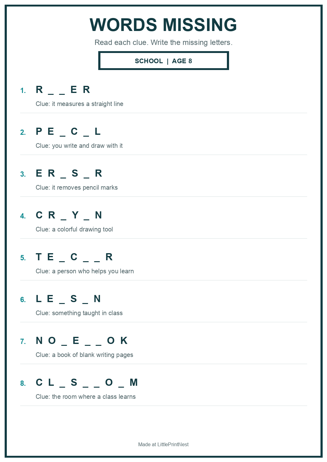 Printable school words missing worksheet for age 8