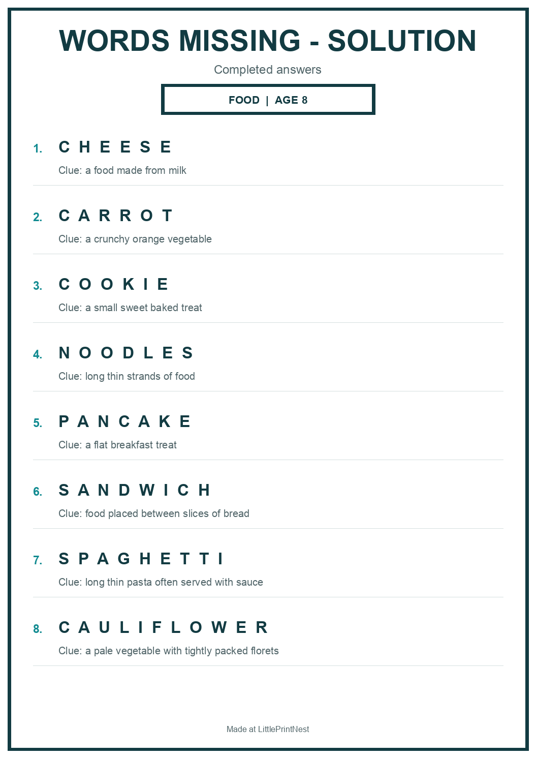 Completed answer key for Food Words Missing Puzzle for Age 8