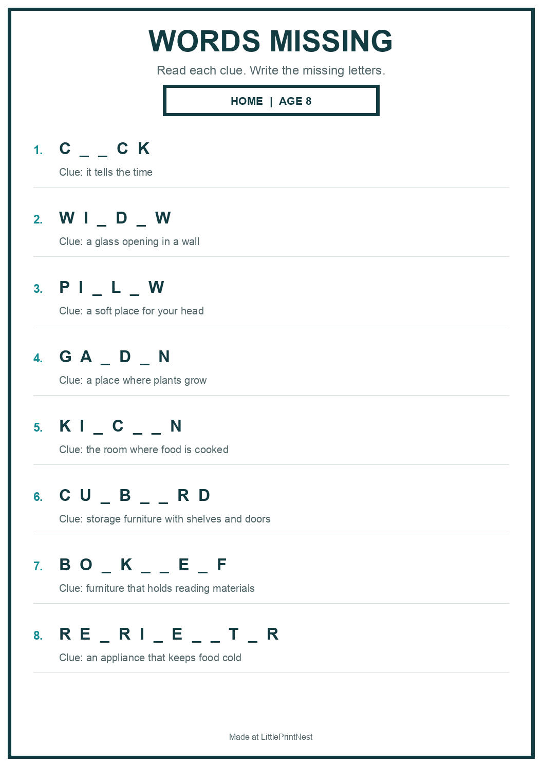 Printable home words missing worksheet for age 8