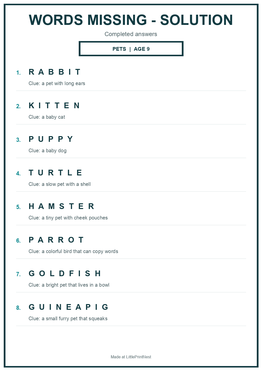 Completed answer key for Pets Words Missing Puzzle for Age 9