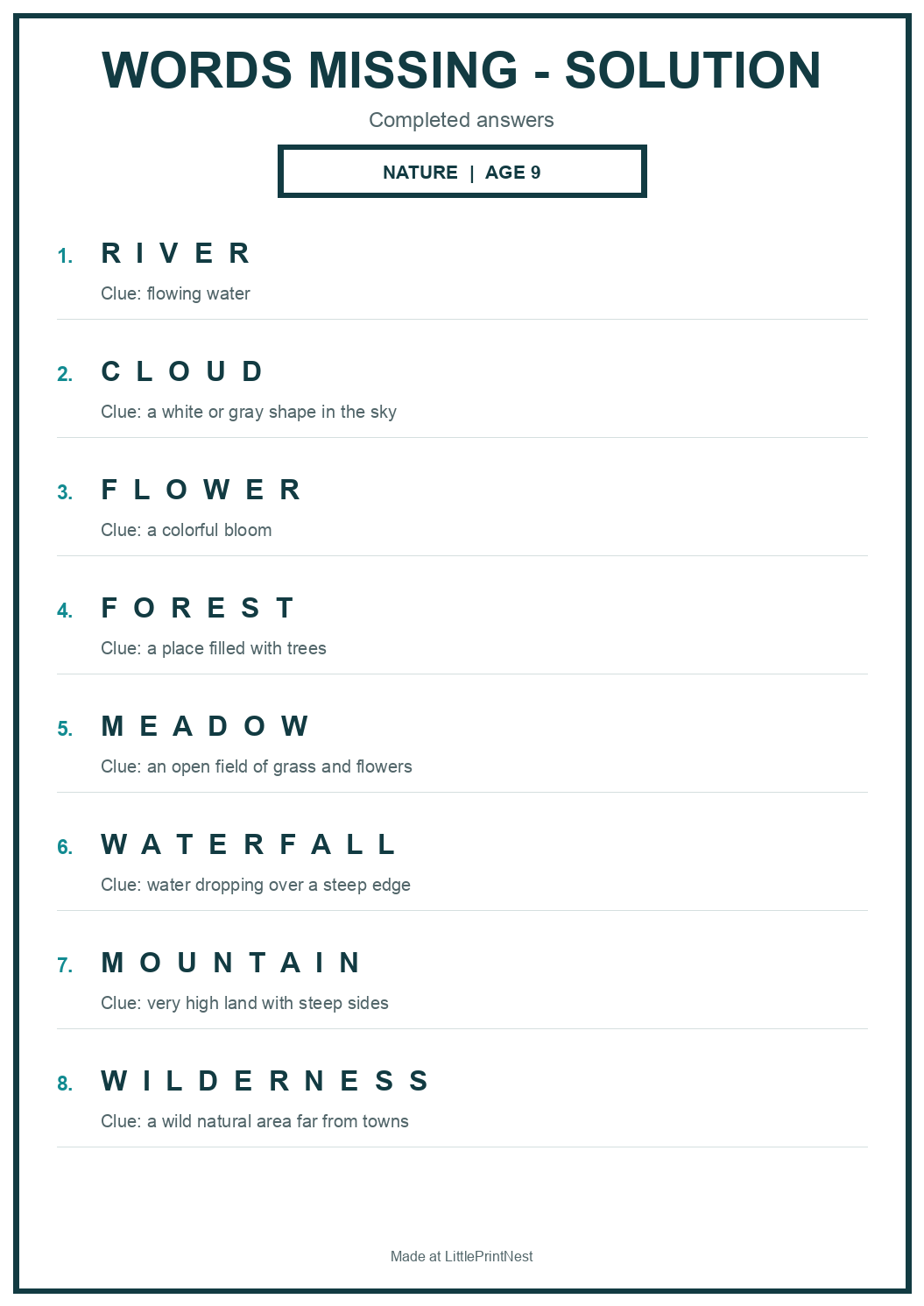 Completed answer key for Nature Words Missing Puzzle for Age 9