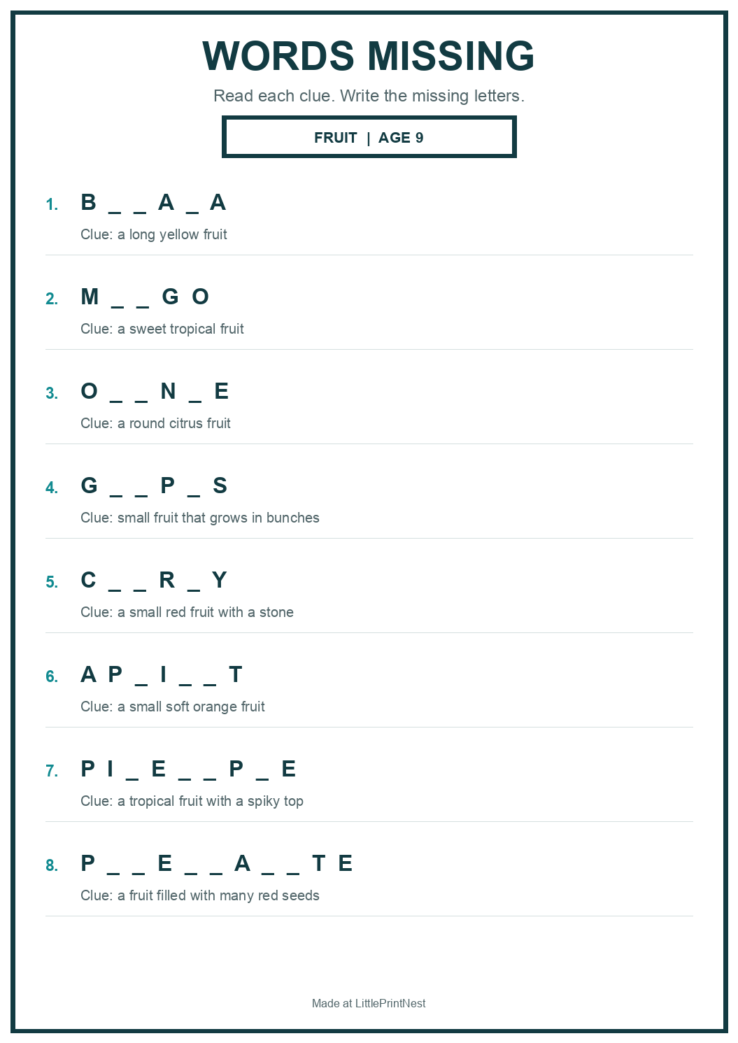 Printable fruit words missing worksheet for age 9