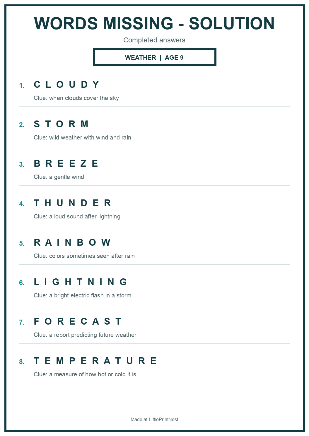 Completed answer key for Weather Words Missing Puzzle for Age 9