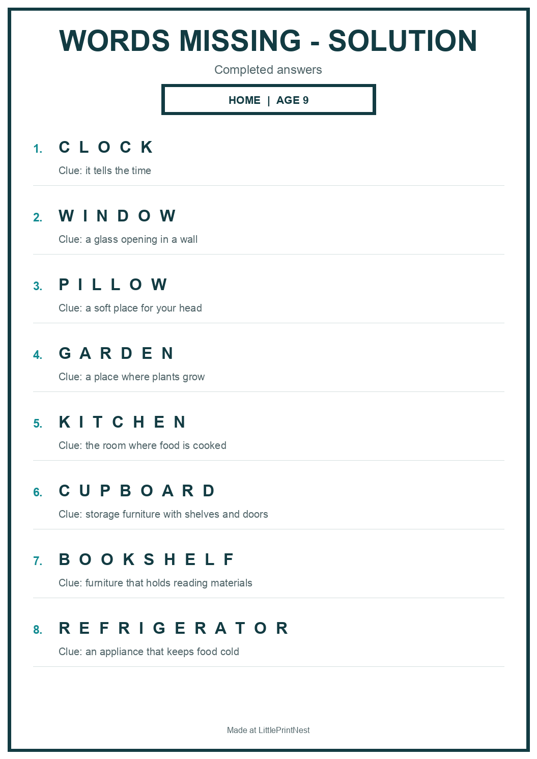 Completed answer key for Home Words Missing Puzzle for Age 9