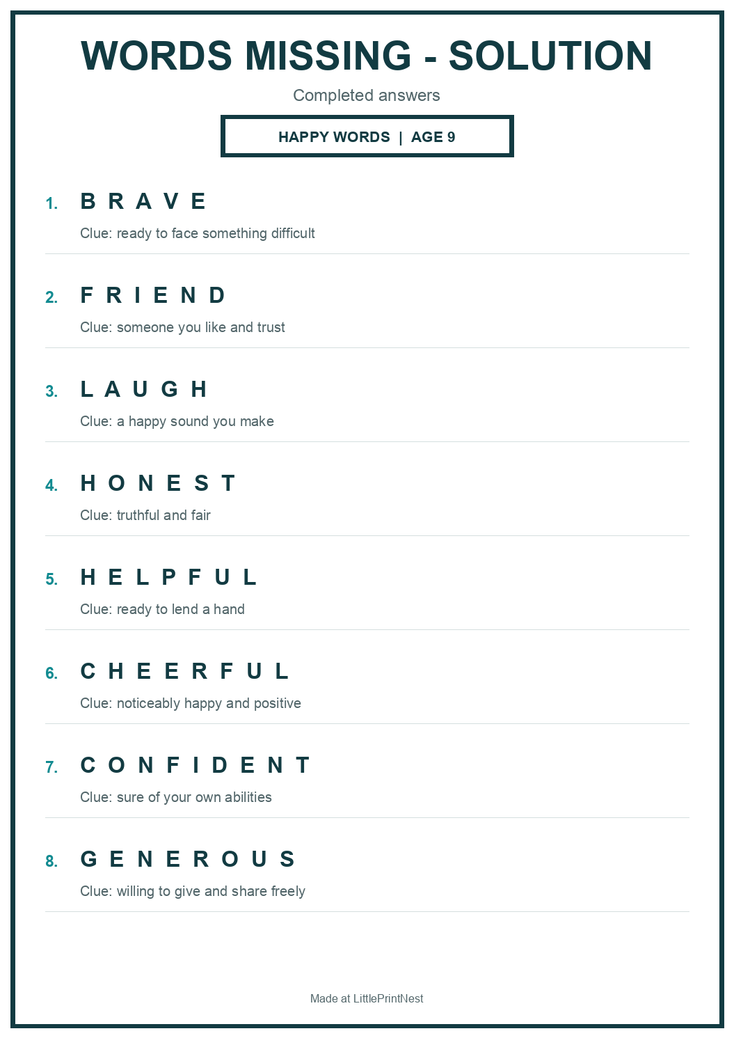 Completed answer key for Happy Words Missing Puzzle for Age 9