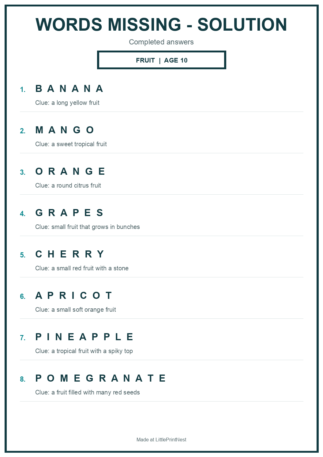Completed answer key for Fruit Words Missing Puzzle for Age 10