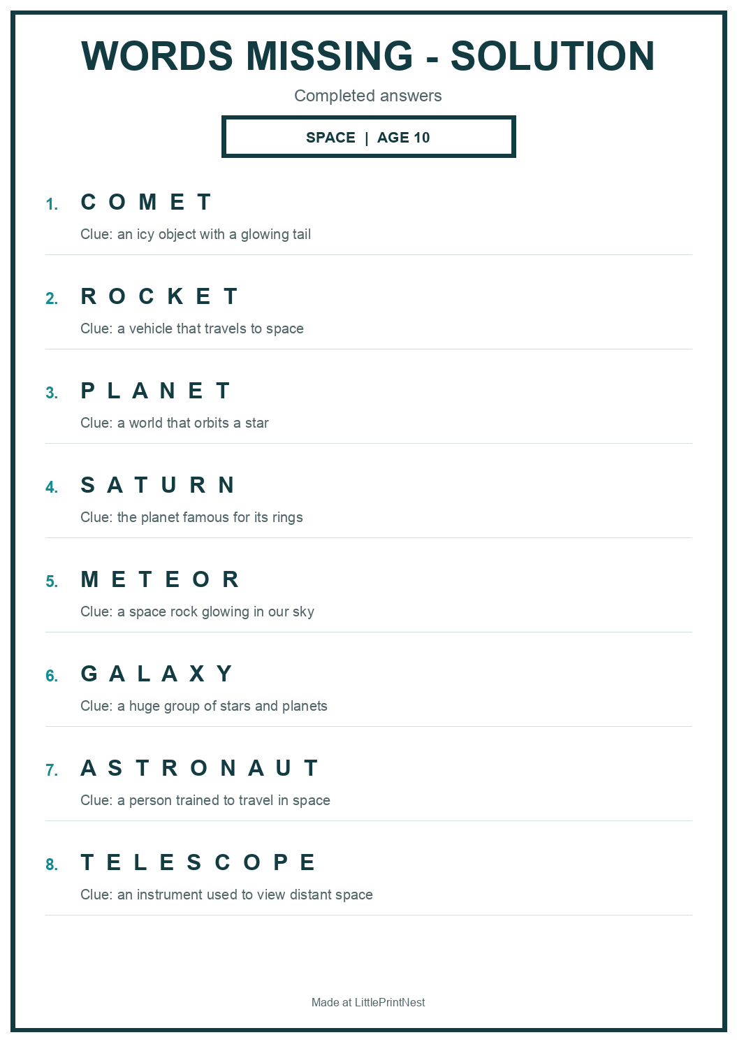 Completed answer key for Space Words Missing Puzzle for Age 10