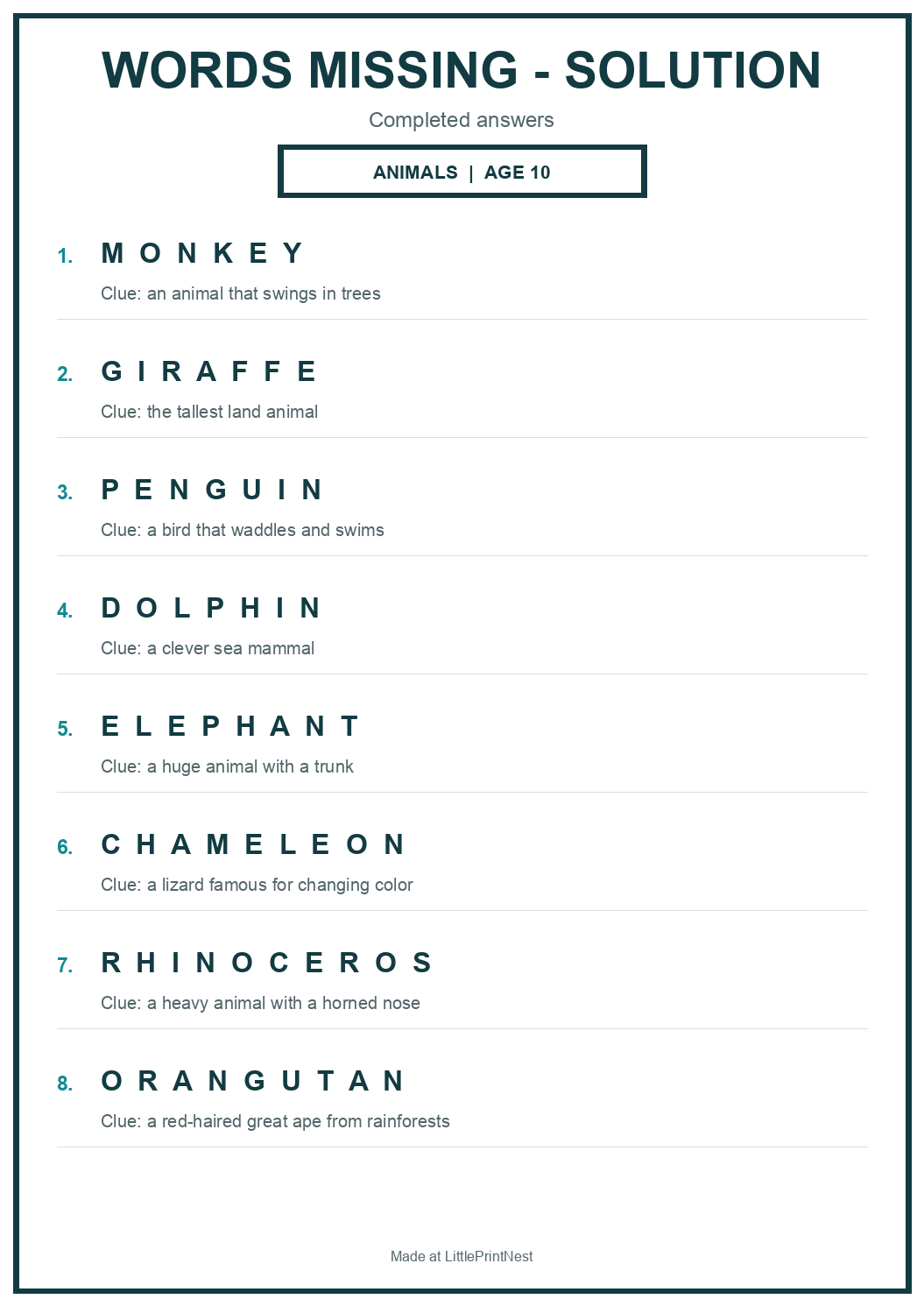 Completed answer key for Animals Words Missing Puzzle for Age 10