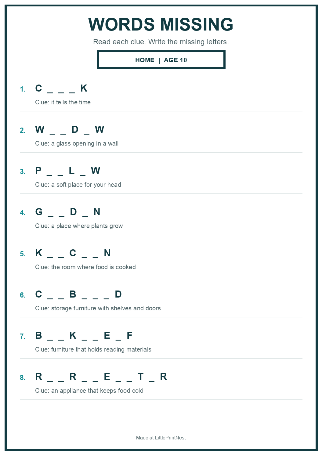 Printable home words missing worksheet for age 10